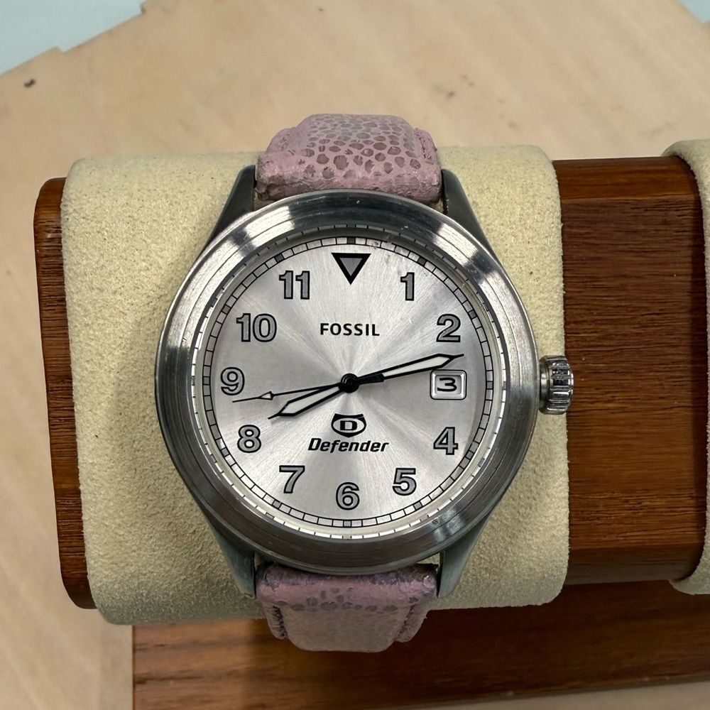 Fossil Defender Women's Silver Dial Watch with Pink Leather Strap New Battery